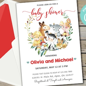 Farm animals baby shower invitation, red farm baby shower invite, digital printable, cow horse chicken goat pig lamb bunny, corjl editable.