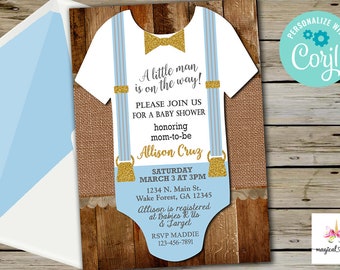Onesie baby shower invitation, boy baby shower invite, a little man is on the way, digital printable, boy onesie, blue gold, corjl editable.