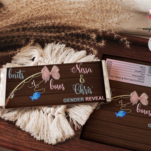 Baits or bows gender reveal candy wrapper, baby shower favors, favor, pink blue brown wood, digital printable, customized shower favor.