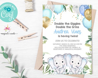 May include: Twin baby shower invitation with blue and gold balloons, green leaves, and two cute gray elephants. The text reads "Double the Giggles Double the Grins Andrea Vines is having twins!" and includes the date, time, and location of the event.
