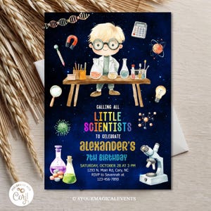 May include: A birthday invitation with a space theme. It features a cartoon scientist with glasses, lab equipment, and the text "Calling All Little Scientists to Celebrate Alexander's 7th Birthday". The background is a dark blue with stars.
