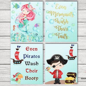 Girl mermaid wall art, boy pirate wall decor, digital printable, brother sister, bathroom decor, mermaids wash tails, pirates wash booty.