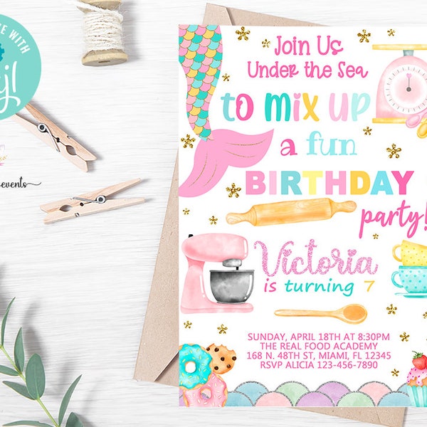 Baking cooking and mermaid girl birthday invitation, we are mixin up a fun birthday party invite, digital printable, mermaid, corjl editable