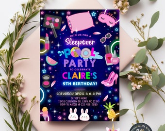 Slumber party fashion makeup girl birthday invitation, sleepover pool party birthday invite, corjl digital printable,  slumber pajama party.
