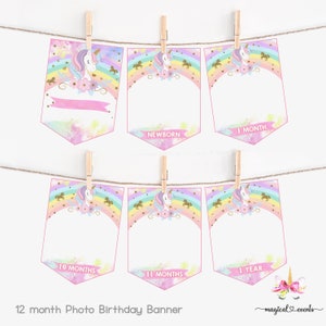 Unicorn girl 1st first birthday digital banner, pastel unicorn photo banner, girl&#39;s first birthday, digital printable, instant download.