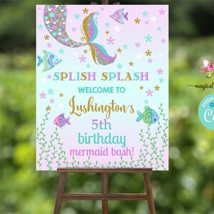 16x20 mermaid girl birthday welcome sign, girl mermaid splish splash, digital birthday sign, corjl digital printable, girl mermaid birthday.