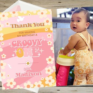 Cartão de agradecimento com foto de primeiro aniversário do Groovy One, menina Cartão de agradecimento do primeiro aniversário do Groovy One, foto com nome editável para impressão digital, obrigado