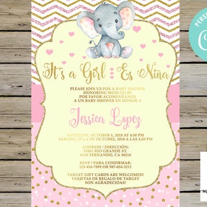 Olifant babyshower uitnodiging, meisje babyshower uitnodigen, Spaans en Engels, roze en goud, digitaal afdrukbare download, corjl bewerkbaar.