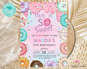 Donut FIVE is SO SWEET girl 5th birthday invitation, 5th birthday invite, donuts donut birthday, purple pink blue, corjl digital printable.