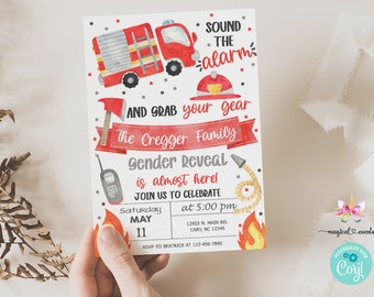 Firefighter gender reveal invitation, gender reveal invite, fireman gear firetruck, digital printable, sound the alarm, corjl editable.
