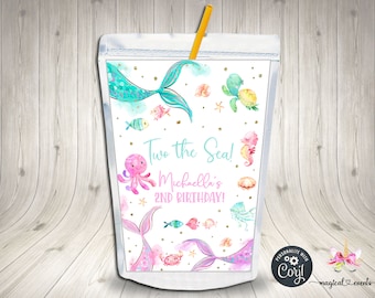 May include: A white juice box with a mermaid tail, octopus, seahorse, and turtle design. The text reads "Two the Sea! Michaella's 2nd Birthday!"