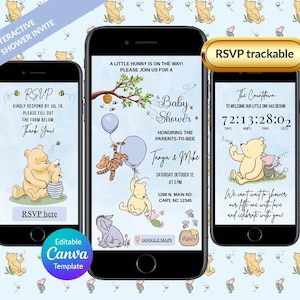 Puede incluir: Tres teléfonos inteligentes que muestran una invitación a un baby shower con personajes de Winnie the Pooh. Las invitaciones incluyen texto como "RSVP", "Baby Shower" y detalles del evento. El fondo es un patrón azul claro con ilustraciones de Winnie the Pooh.