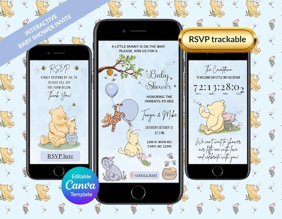 Winnie the Pooh Baby Shower Invitation Template - Website Interactive Invite - Fully Editable Digital Invite with Clickable RSVP - Pooh Bear