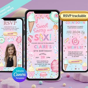 Pode incluir: Três smartphones exibem um convite de aniversário com um esquema de cores rosa e azul. O convite inclui o texto "Sweet Sassy and Six!" e "6º Aniversário de Claire!" com recursos de RSVP e contagem regressiva. O design incorpora sorvetes, donuts e outros doces.