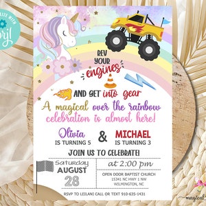 Unicorn and monster truck, birthday invitation, invite digital printable, rev your engines get into gear, corjl editable, monster truck