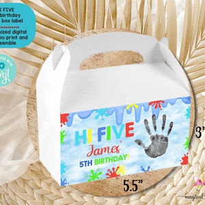 HI FIVE handprint & slime treats box, gable box, favor box, boy hi five theme, boy 5th birthday, hi five hi 5, customized digital printable.