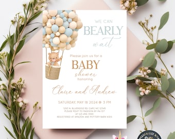 Bearly wait bear baby shower invitation, boy shower invite blue balloons, digital printable corjl, we can bearly wait teddy bear balloons.
