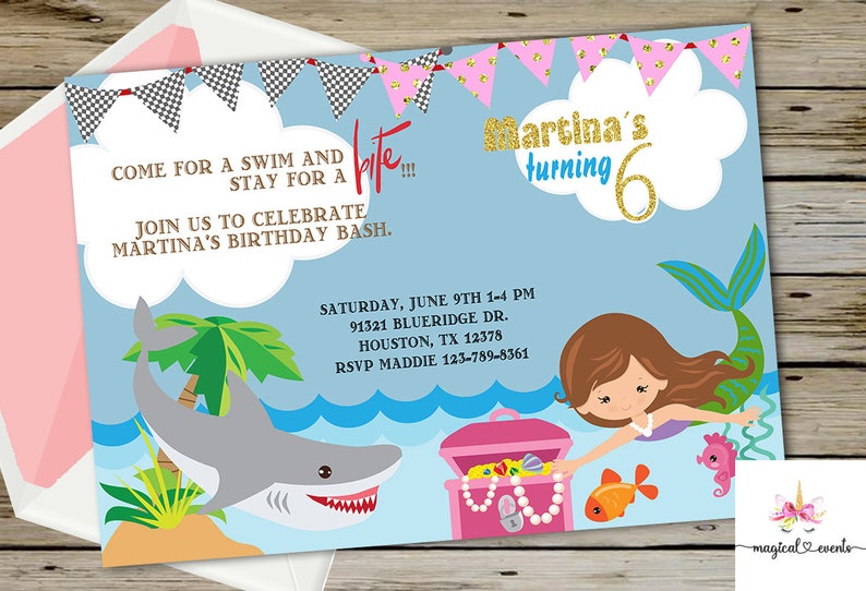 Girl shark and mermaid birthday invitation combined theme birthday invite digital printable shark mermaid girl invite corjl