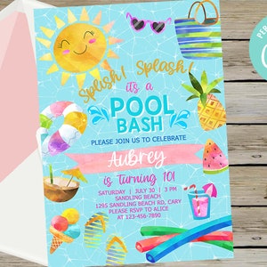 May include: A blue and pink pool party invitation with a watercolor design. The invitation features a sun, a pool float, a pineapple, a watermelon, a coconut, ice cream, and pool noodles. The text on the invitation reads "Splish! Splash! It's a Pool Bash. Please join us to celebrate Aubrey is turning 10! Saturday July 30 | 3 PM Sandling Beach 1295 Sandling Beach Rd, Cary Please RSVP to Alice at 123-456-7890. Personalize with Coril!"
