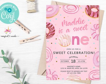 Pink donuts she's a sweet one 1st birthday invitation, girl birthday invite, pink donuts sweet one invite, digital printable, corjl editable