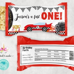 Race car birthday crispy rice labels, red race car party favors favor, digital printable customized, racing race car roads cup flags balloon