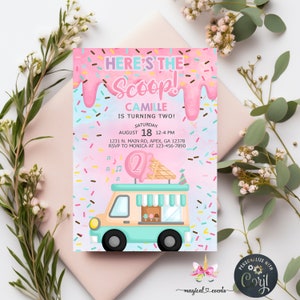Ice cream truck girl birthday invitation, girl ice cream birthday invite, corjl digital printable, blue ice cream truck girl birthday invite