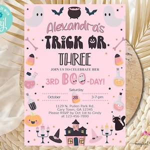 Halloween girl birthday invitation, trick or three corjl digital printable, Halloween 3rd birthday, ghosts skull candy cat bat broom invite.