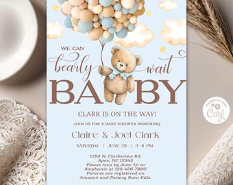 Invitation de baby shower d'ours d'attente, garçon inviter des ballons bleus, impression numérique corjl, montgolfière, ours brun, douche d'attente bearly.