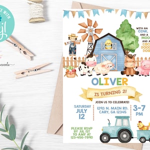 Puede incluir: Una invitaci&oacute;n de cumplea&ntilde;os de tem&aacute;tica de granja azul y amarilla para el segundo cumplea&ntilde;os de Oliver. La invitaci&oacute;n presenta una ilustraci&oacute;n de acuarela de una granja con un granero, un molino de viento, un espantap&aacute;jaros, una vaca, una oveja, un caballo, un cerdo y un pollito. La invitaci&oacute;n incluye la fecha, la hora y la ubicaci&oacute;n de la fiesta. Tambi&eacute;n incluye el texto "&iexcl;Oliver cumple 2!" y "&iexcl;&Uacute;nete a nosotros para celebrar!"