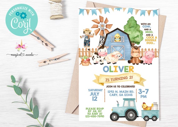 Farm boy birthday invitation, farm animals birthday invite, corjl digital printable, oink moo cock a doodle doo, blue tractor farm invite.
