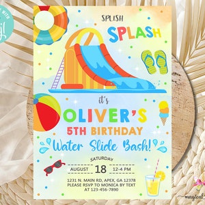 Water slide bash birthday invitation, splish splash pool boy birthday invite, water slide bash, corjl digital printable, water slide pool.