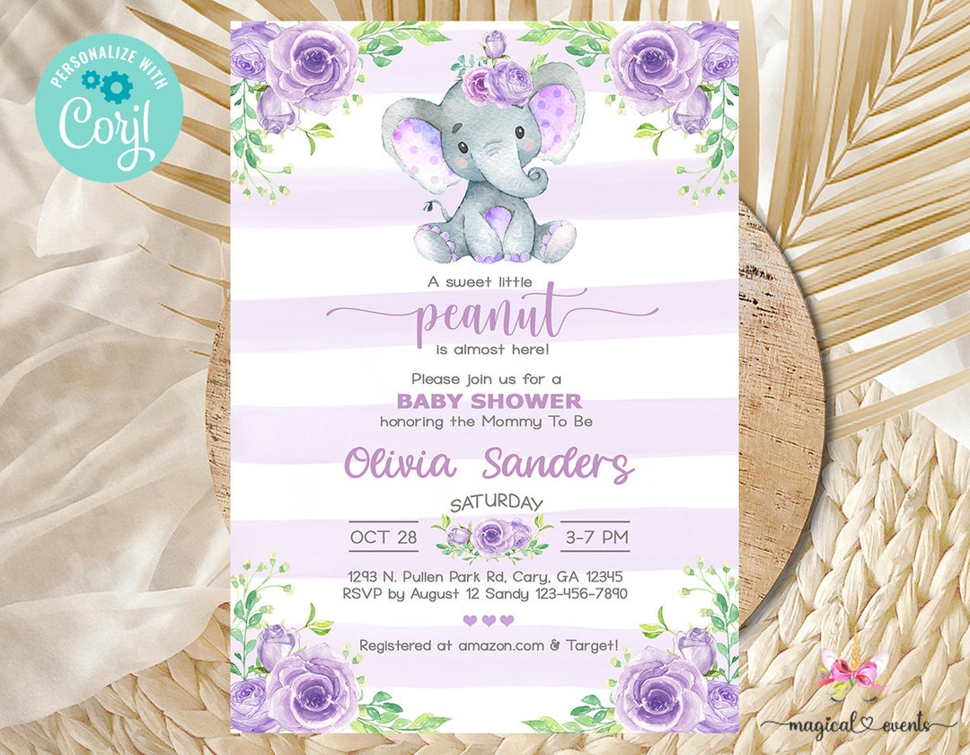 Purple & Lavender Elephant Baby Shower Invitation, Girl Baby Shower