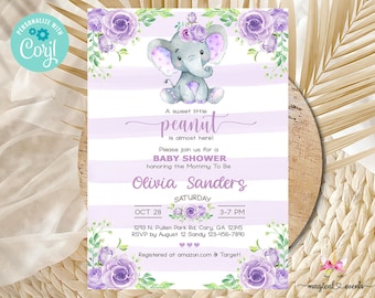 May include: Purple and green floral baby shower invitation with a cute gray elephant illustration. The invitation says "A sweet little peanut is almost here!" and includes the text "Olivia Sanders" and "Saturday, Oct 28, 3-7 PM".