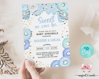 Blue boy donuts baby shower invitation, boy baby shower invite, blue donuts baby shower, digital printable, corjl editable, blue donut.