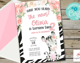 Zebra 2nd birthday invitation, girl second birthday invite, digital printable, zebra, pink flowers, have you heard the news, corjl editable.