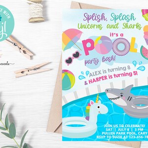 Pool party bash combined birthday invitation, splish splash siblings pool party invite, digital printable, unicorns sharks invitation, corjl