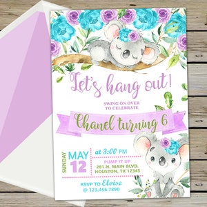 Koala Mädchen Geburtstagseinladung, Mädchen Geburtstag einladen, Koala Bär Einladung, corjl digital druckbar, lassen Sie uns Koala Koalas Geburtstag abhängen.