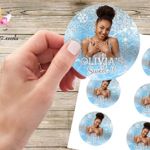 Sweet 16 / Prom cupcake toppers or stickers, girl birthday party favor favors, Sweet 16 Winter Wonderland, light blue silver snowflakes.