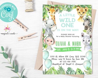 Safari BOY baby shower invitation, blue balloons, baby shower invite, digital instant download, corjl editable, boy blue safari wild one.