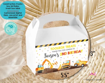 Construction trucks treats box, gable box, favor box, boy construction theme, dump truck excavator bulldozer, customized digital printable.