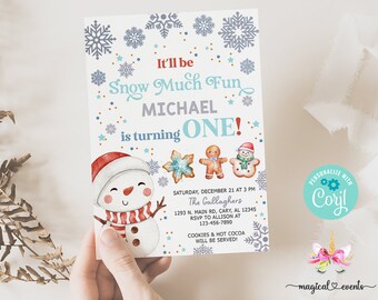 WINTER ONEDERLAND it will be snow much fun SNOWMAN boy birthday invitation, corjl digital printable, boy snowman Christmas invite invitation