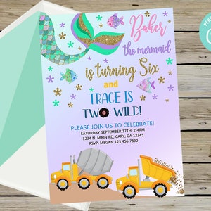 Siblings dump truck and mermaid birthday invitation, corjl boy girl brother sister, birthday invite digital printable, two wild, trucks.