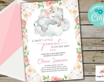 Editable Pink Floral Girl Elephant Baby Shower Invitation - Etsy