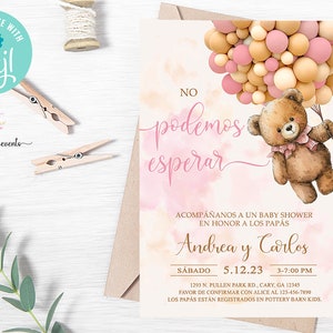 Bearly wait, bear baby shower uitnodiging, girl invite, pink balloons, digital printable, corjl editable, SPAANS ESPAÑOL no podemos esperar.