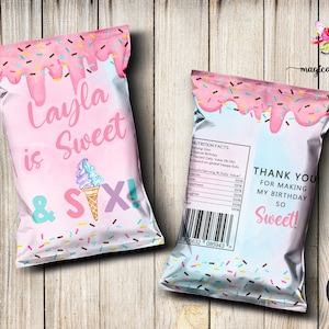 May include: Pink and blue party favor bags with a dripping ice cream cone design. The bags have the text "Layla is Sweet & Six!" and "Thank You for Making My Birthday So Sweet!"