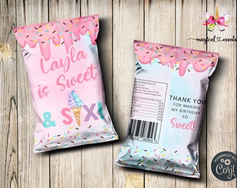 Sweet and Six Ice Cream Girl 6e anniversaire Chips Bag Wrapper, corjl modifiable, imprimable numérique, cadeaux d'anniversaire, fournitures de fête