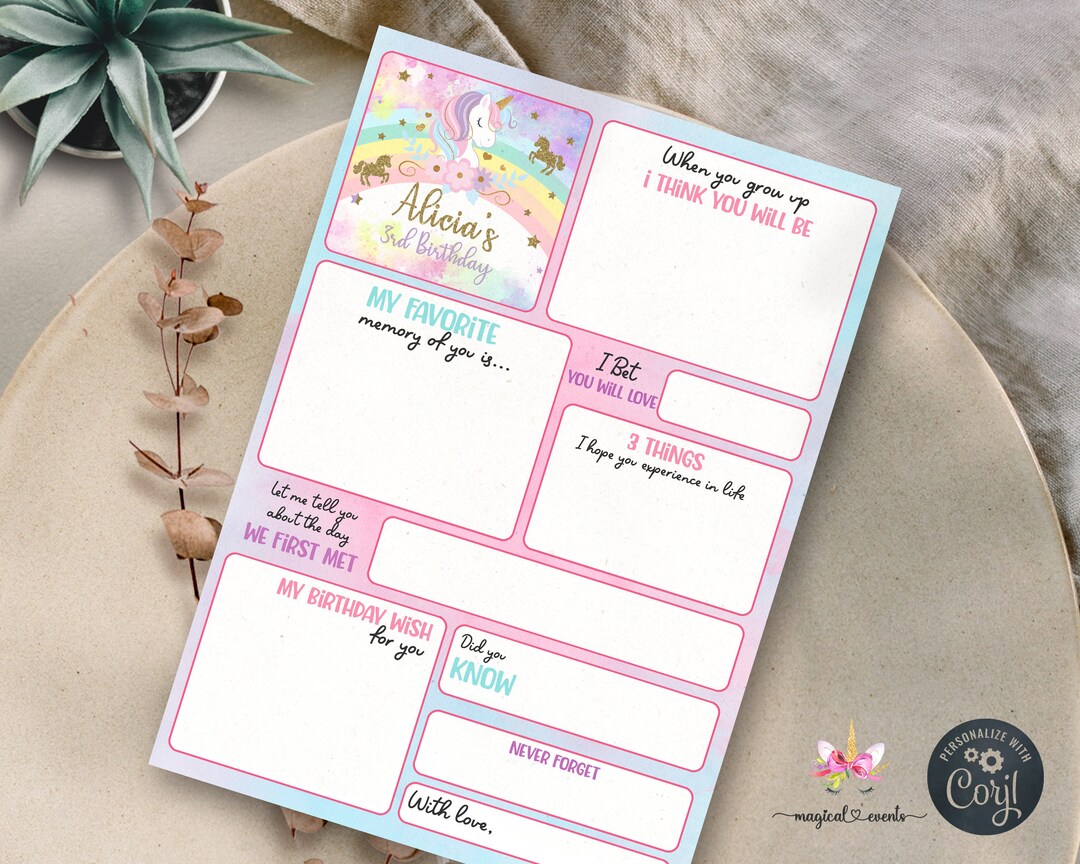 Unicorn Girl Birthday Time Capsule Card, Corjl Digital Printable, I ...