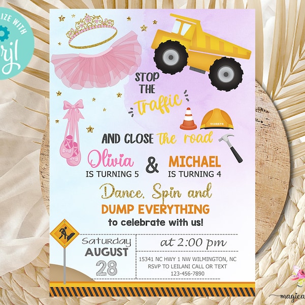 Siblings Construction dump truck Tutu birthday invitation invite digital printable, dance twirl tutu tiara pink gold truck, corjl editable