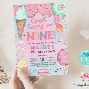 Candy Sweet Sassy and Nine girl 9th birthday invitation, invite, cotton candy sweets donut ice cream cupcake, corjl digital printable.