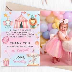 Carte de remerciement photo d'anniversaire Carnaval Circus, carte de remerciement fille anniversaire Carnaval, carte de remerciement numérique imprimable avec nom photo modifiable.